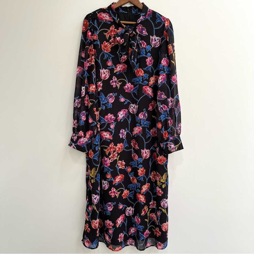 Eshakti black floral long sleeve tie neck maxi dress semi sheer balloon sleeves
